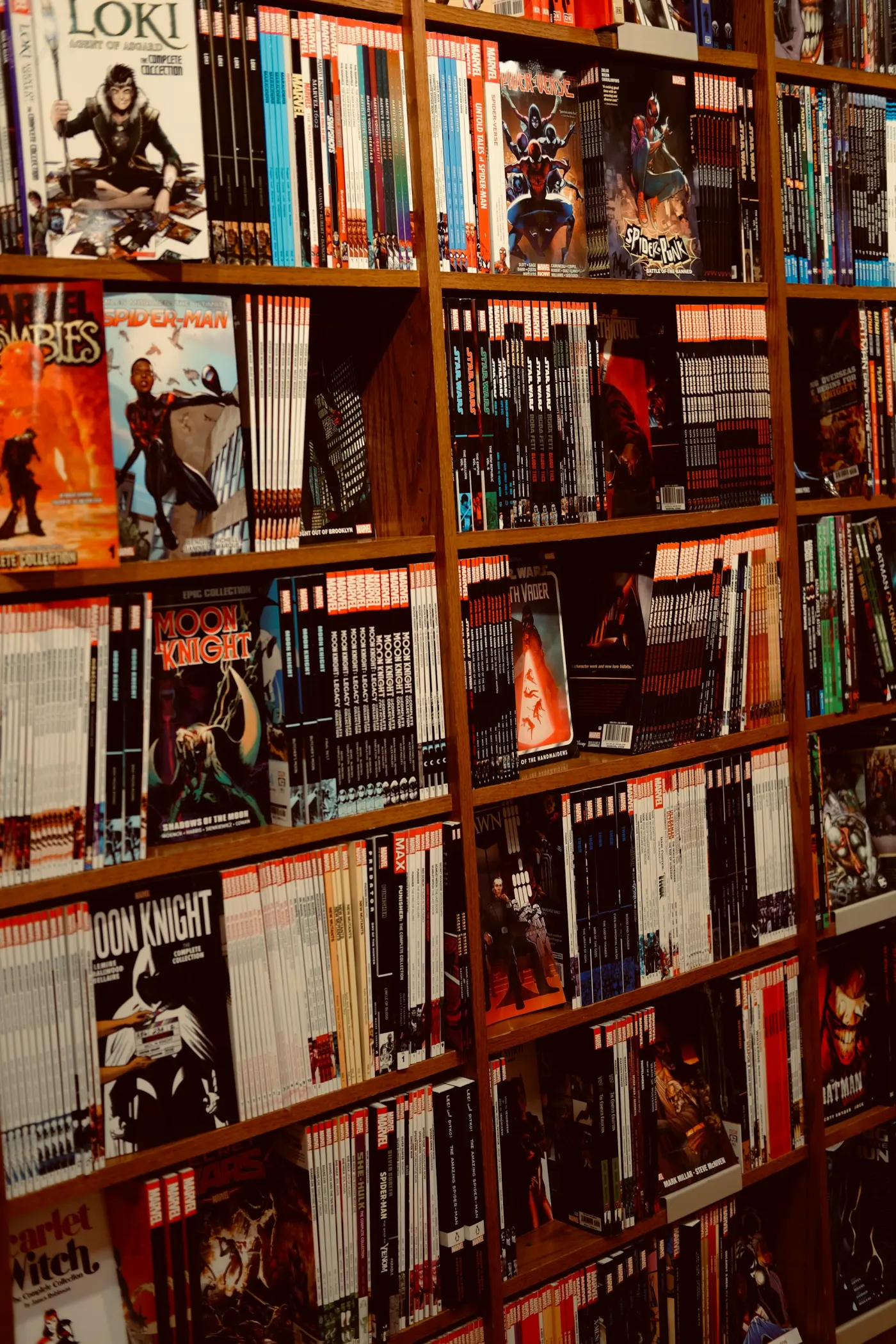 A varied physical comic collection organized for browsing