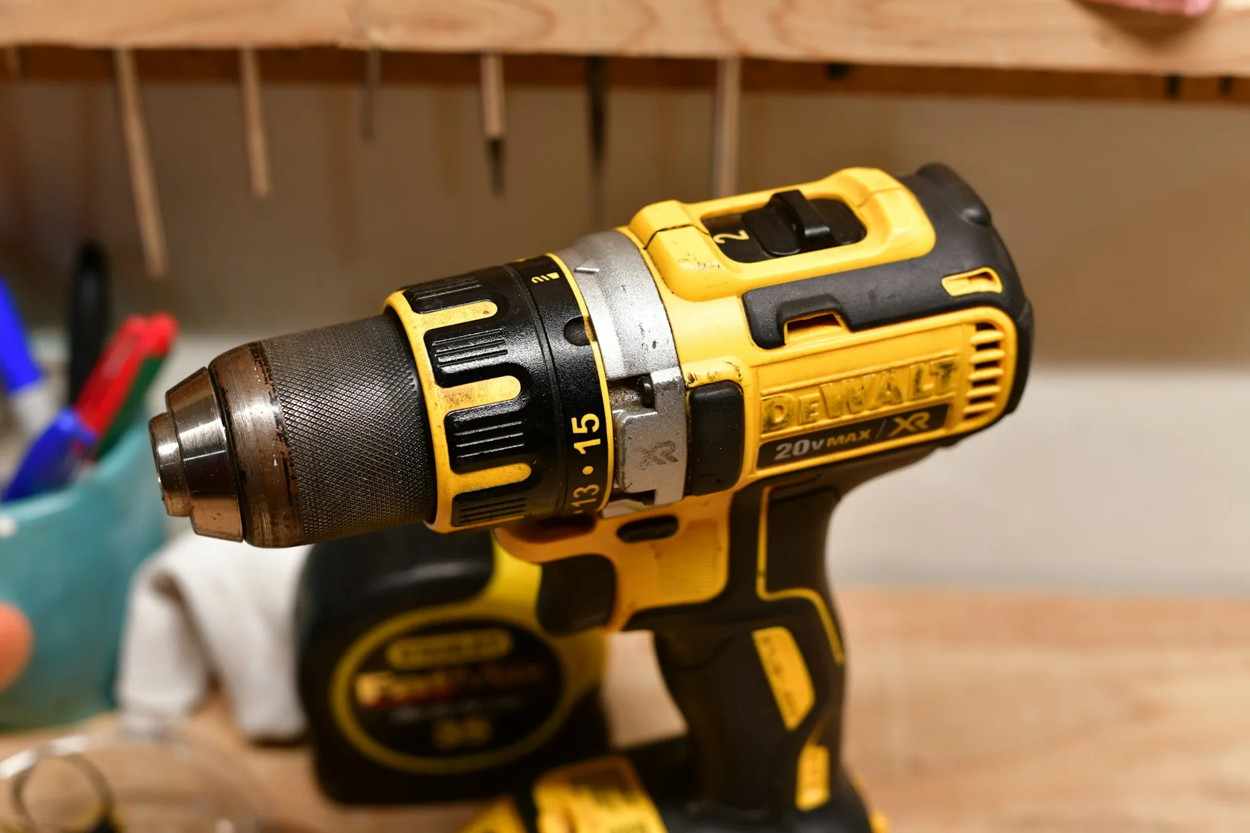 Cordless drill on a personal workshop bench