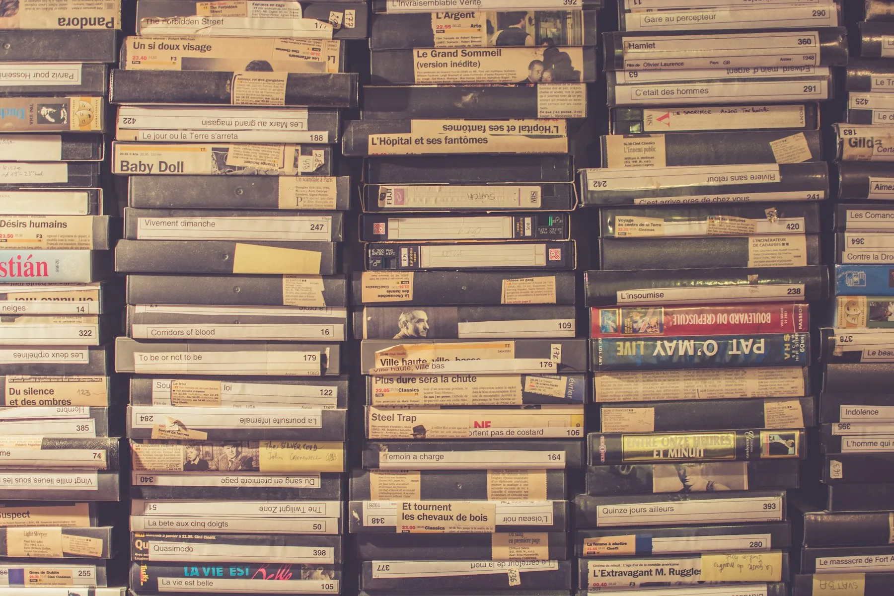 A wall of physical movie releases ready to catalog in Catalist