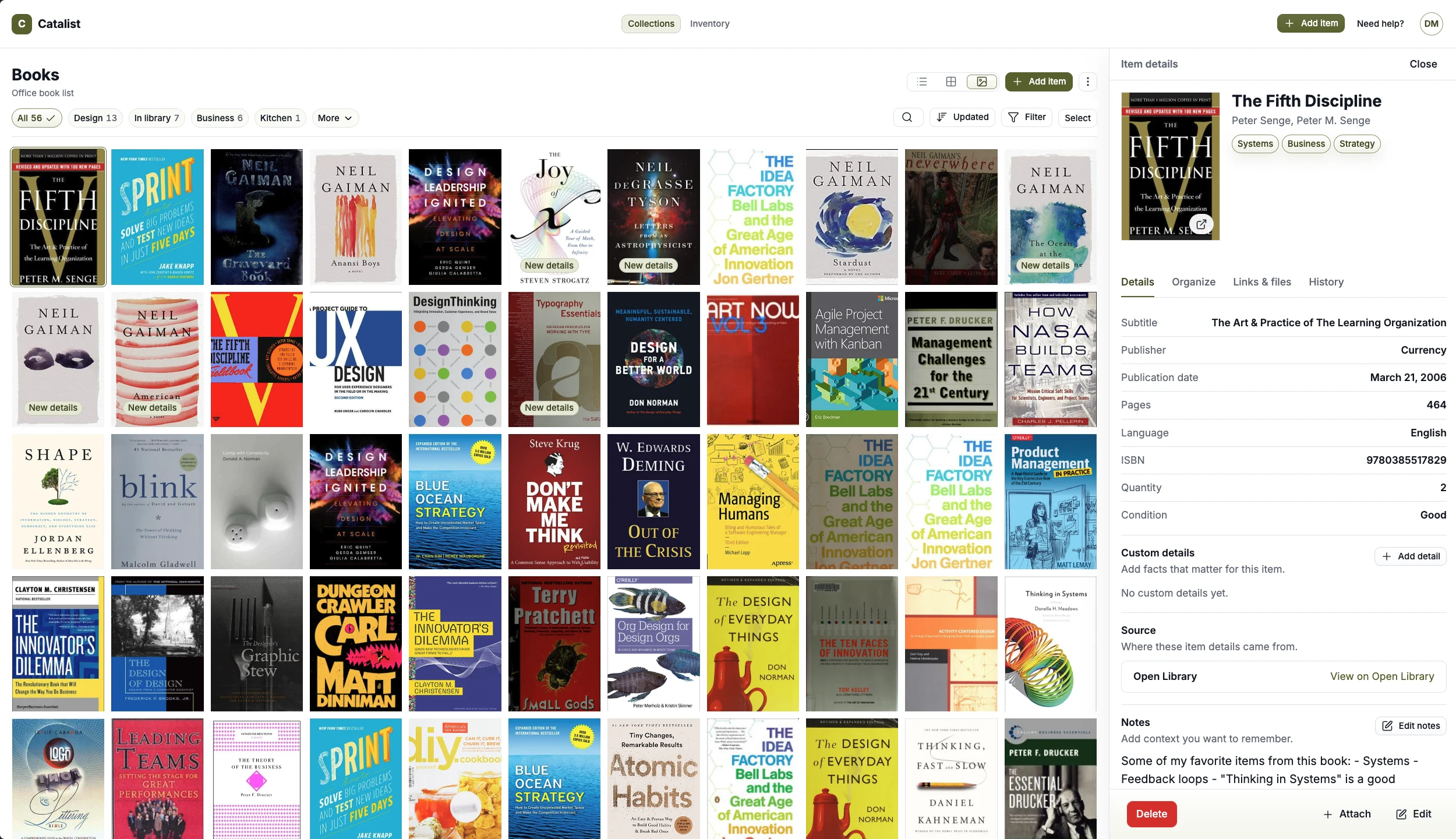 Catalist Books collection showing a cover grid and item details