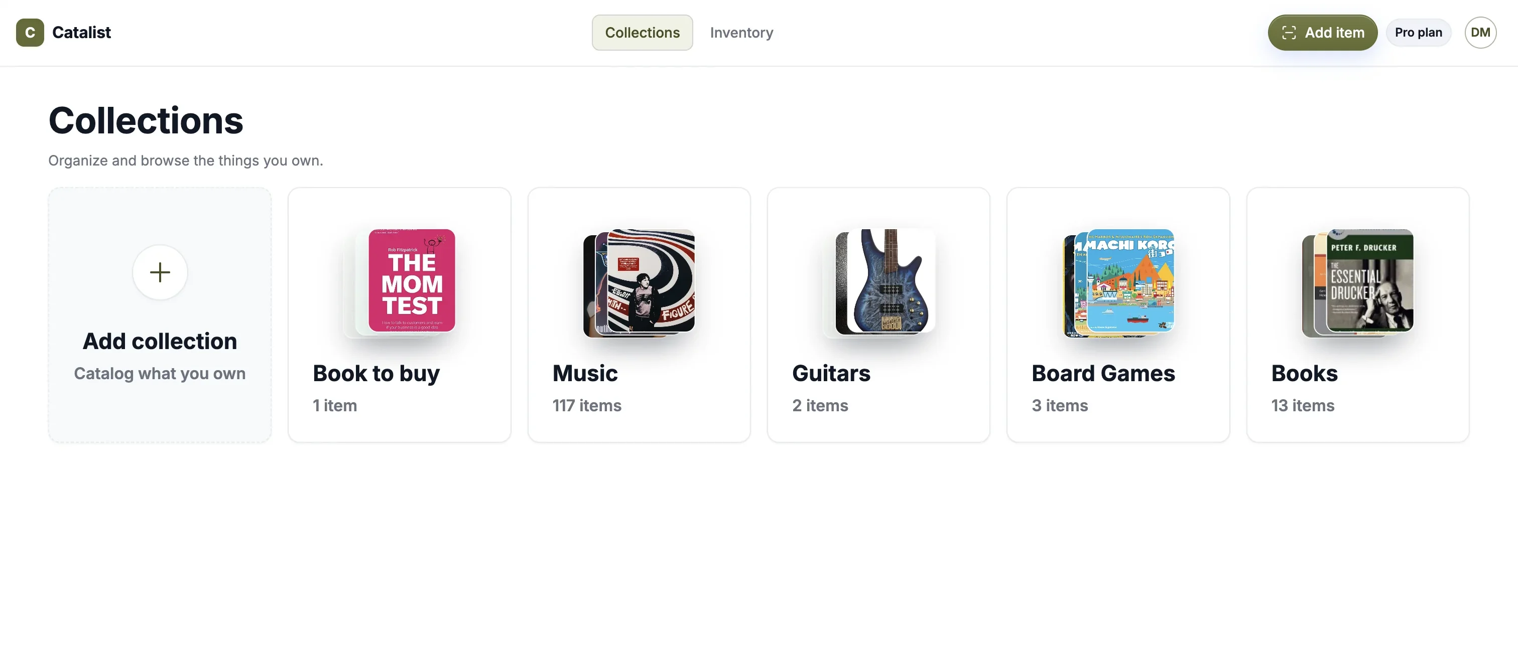 The Catalist Collections screen showing books, music, guitars, and board games as separate collections.