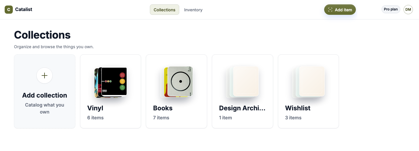 The Catalist Collections screen with collection cards for Vinyl, Books, Design Archive, and Wishlist.