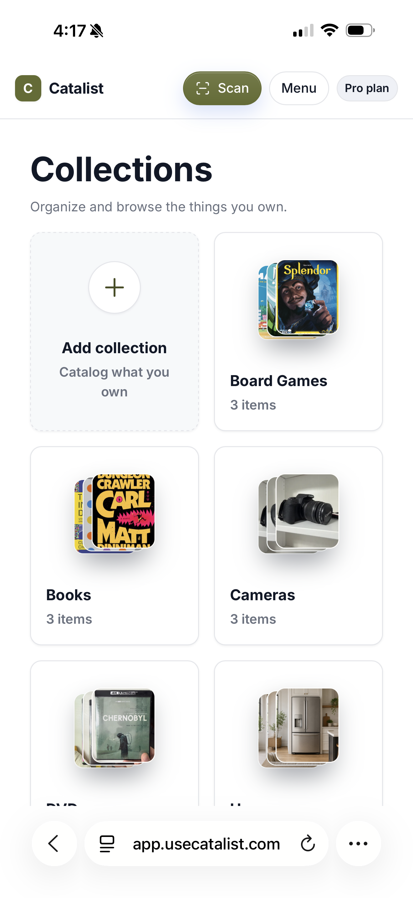 Catalist Collections page showing existing collections and the Add collection action.