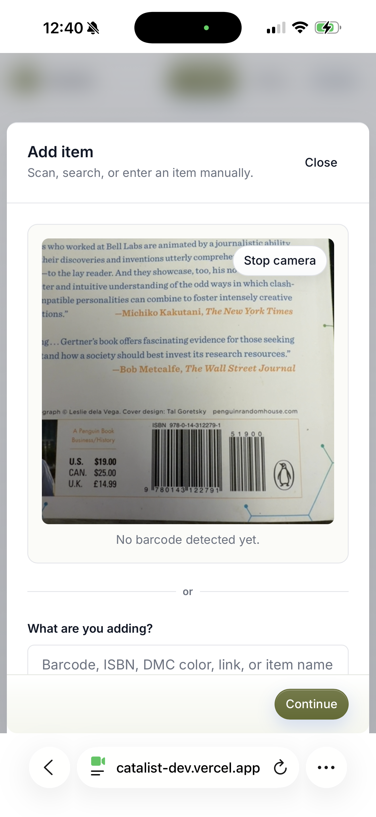 Catalist mobile add-item flow scanning a supported book barcode.