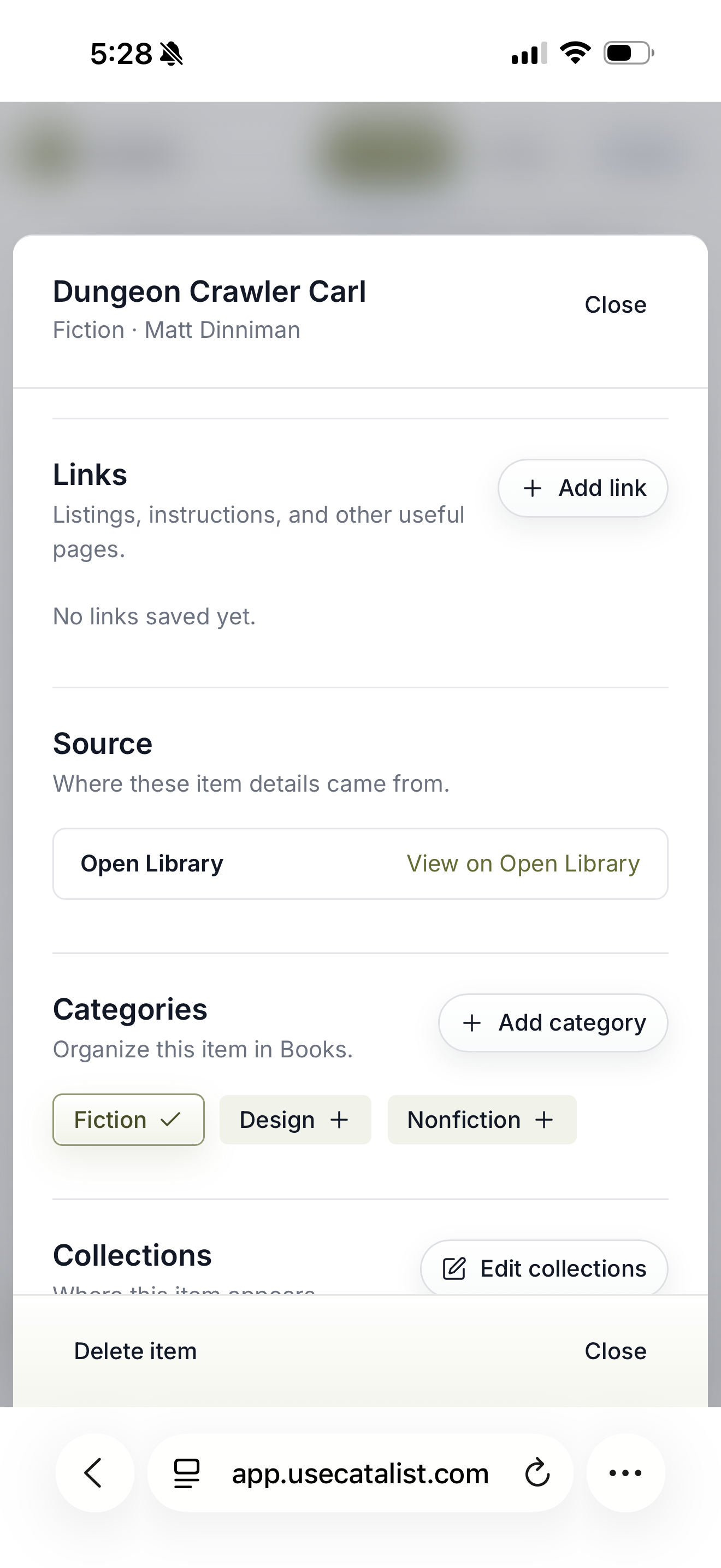 Catalist item details showing source information, categories, and collection placement for a matched book.