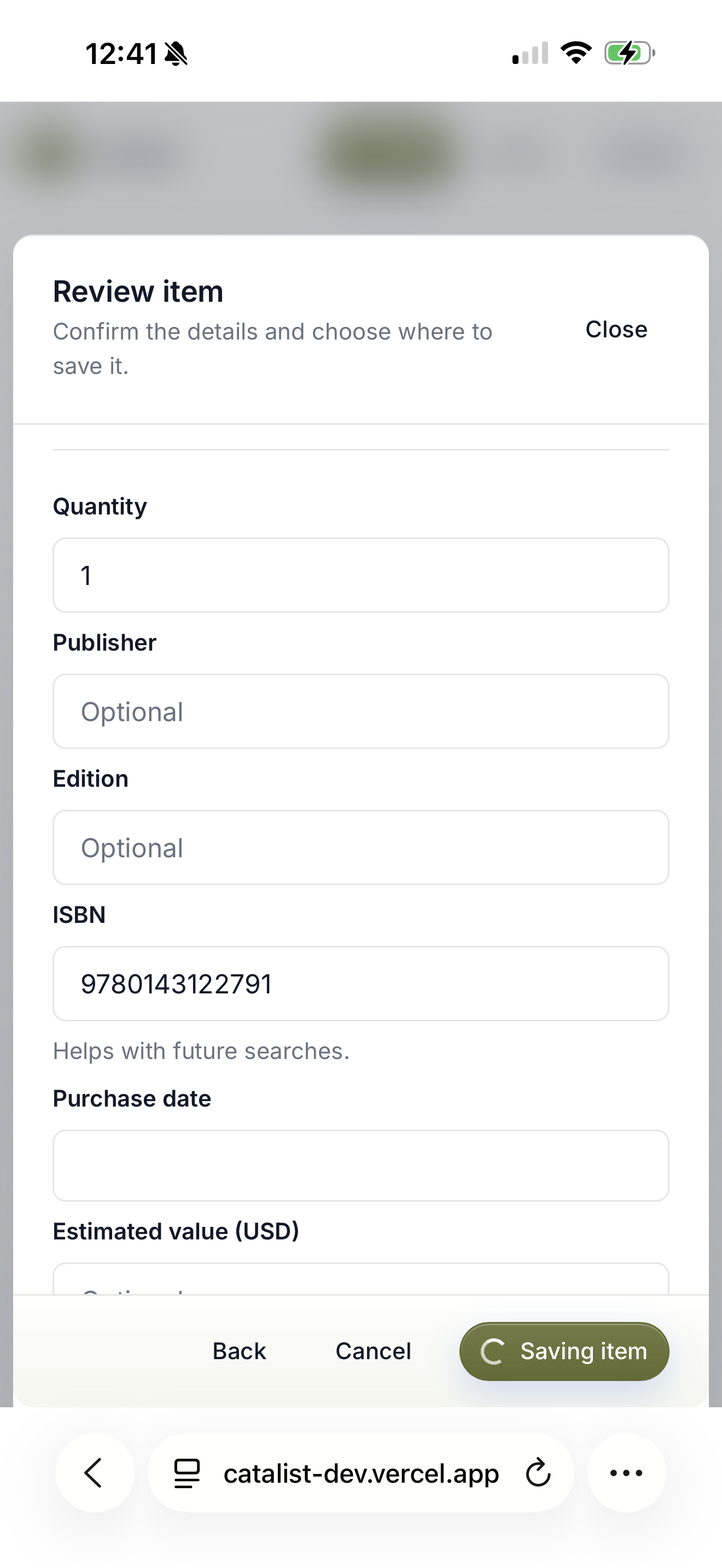 Catalist Review item screen saving a book with its ownership details.