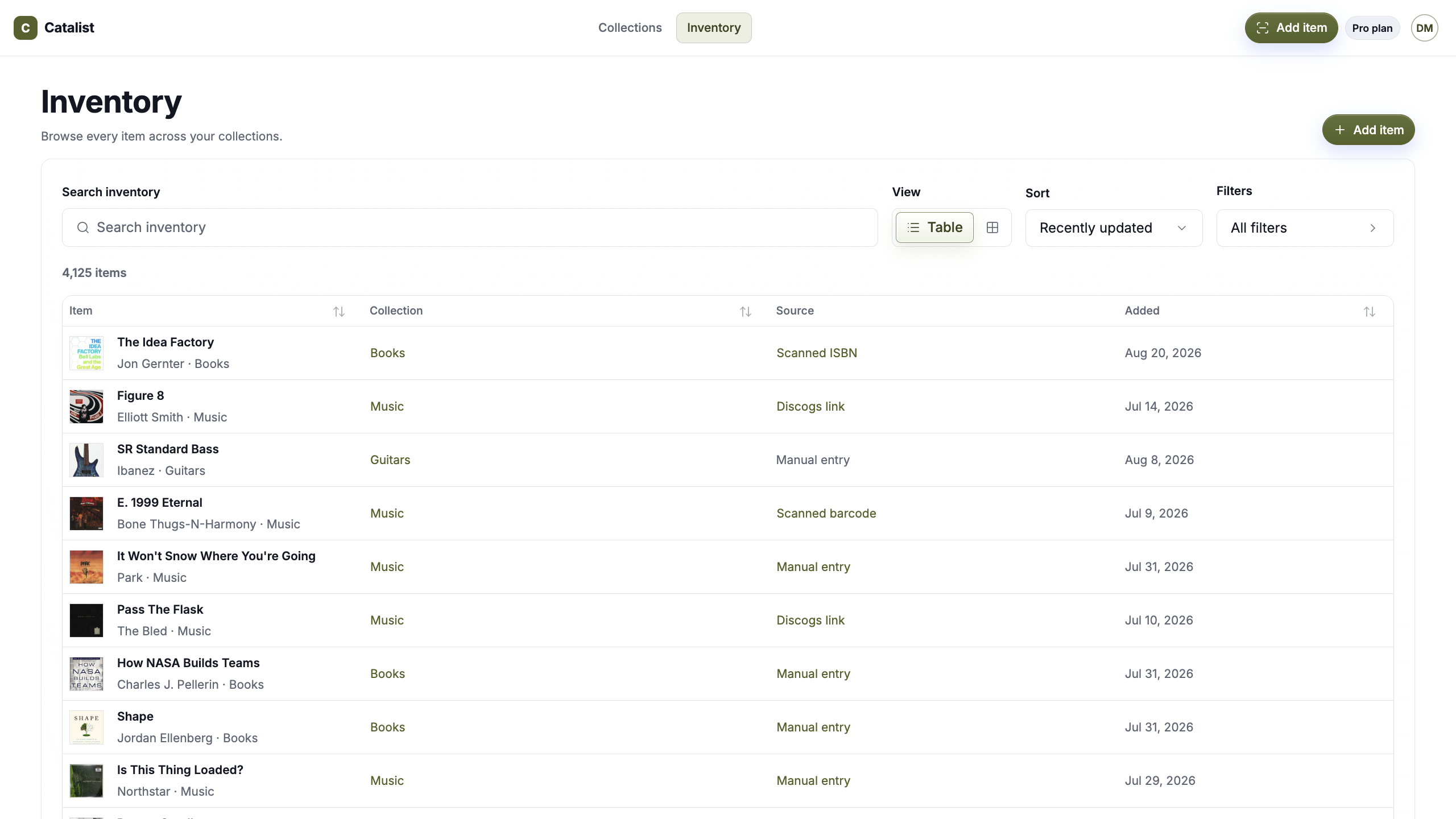 Catalist Inventory showing items from several collections in one broader view.