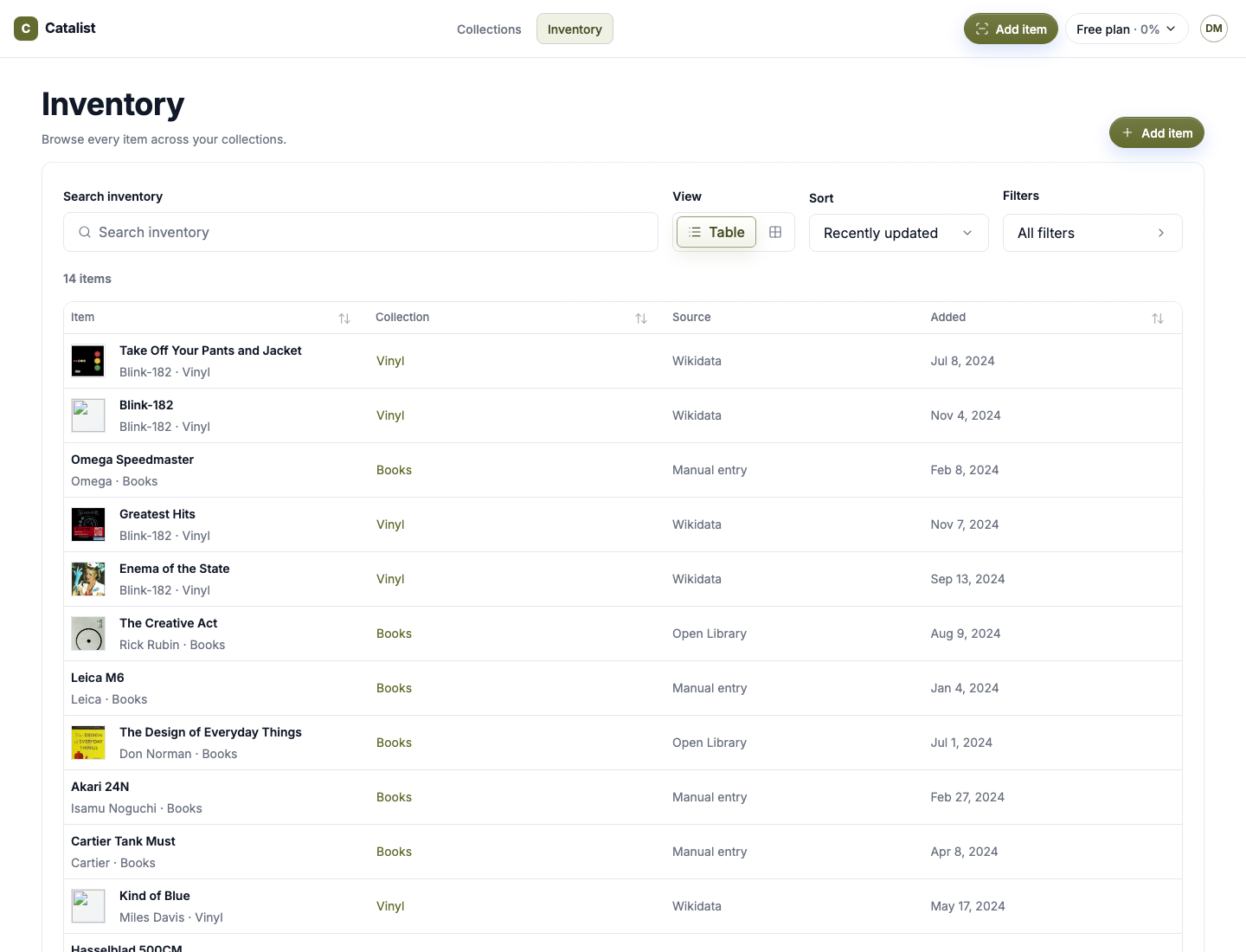 The real Catalist inventory table showing books, vinyl, and other personal items with collection, source, and added-date columns.