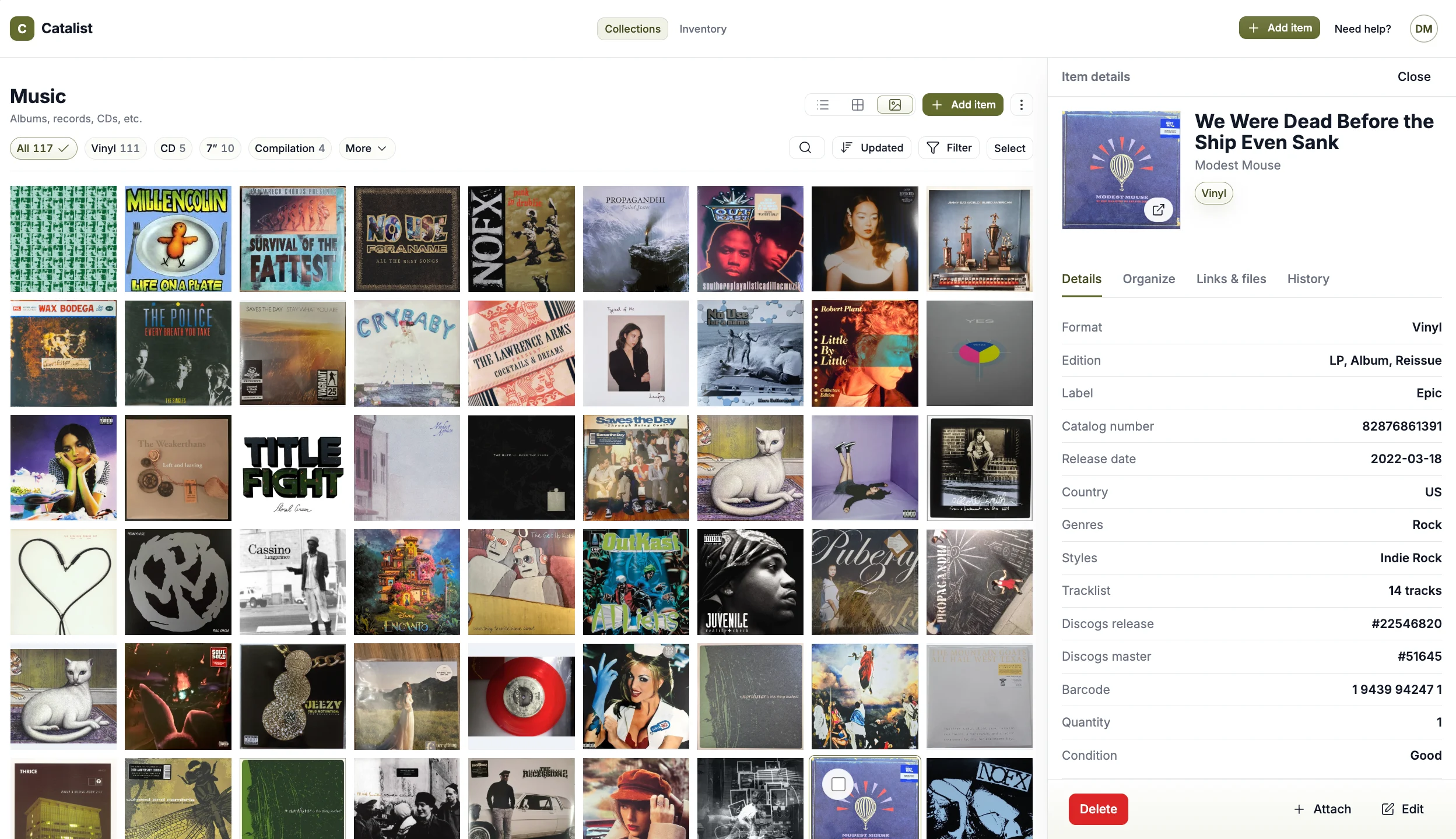 A Catalist Music collection populated with CDs, vinyl, cover artwork, and item details