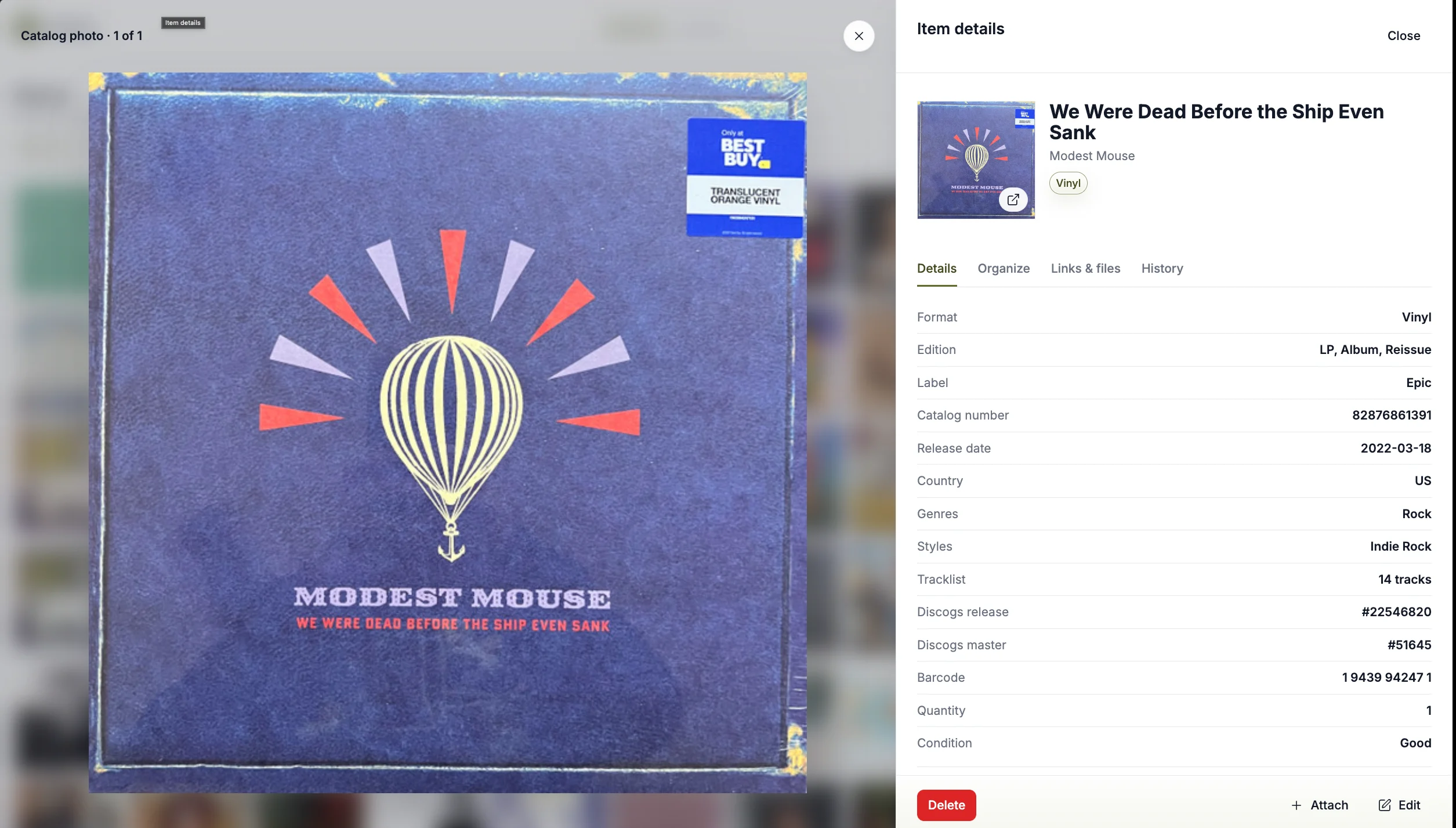 Catalist's full-screen photo viewer beside a vinyl release item record.