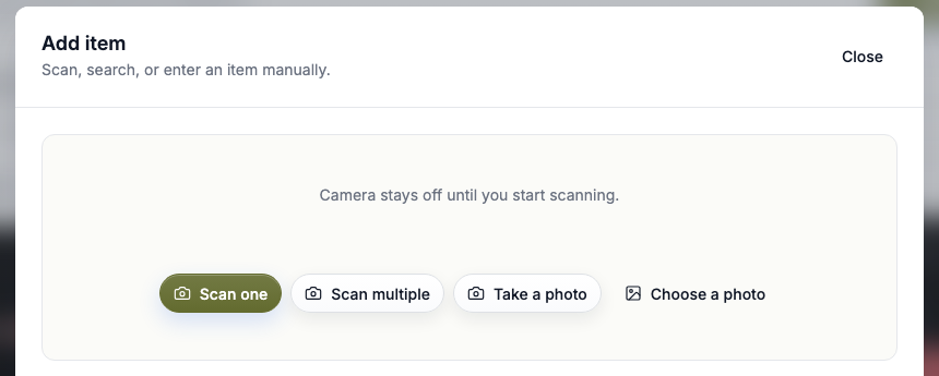 The real Catalist Quick Add interface with controls for scanning one or multiple items and attaching a photo.