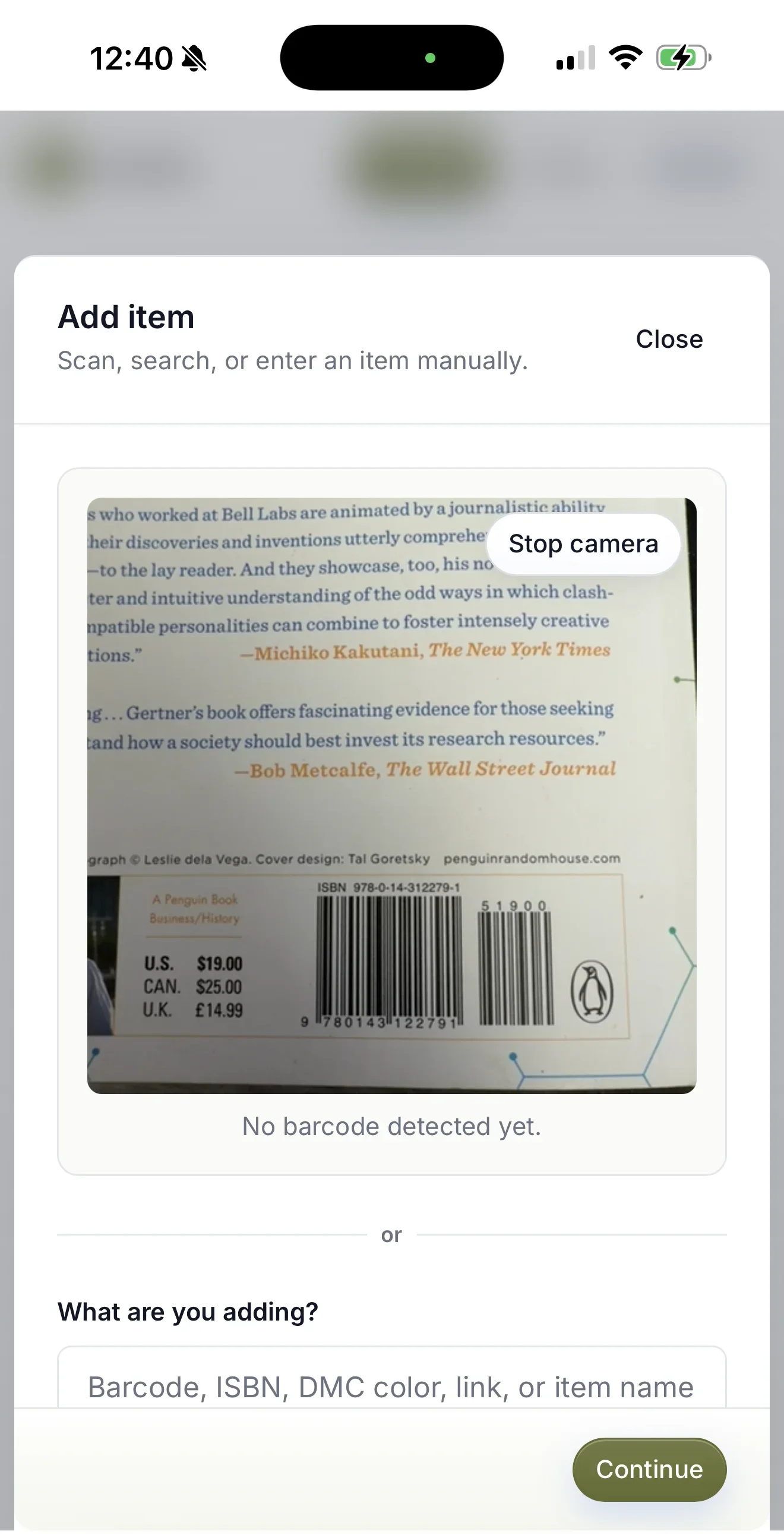 Scanning a book ISBN in Catalist